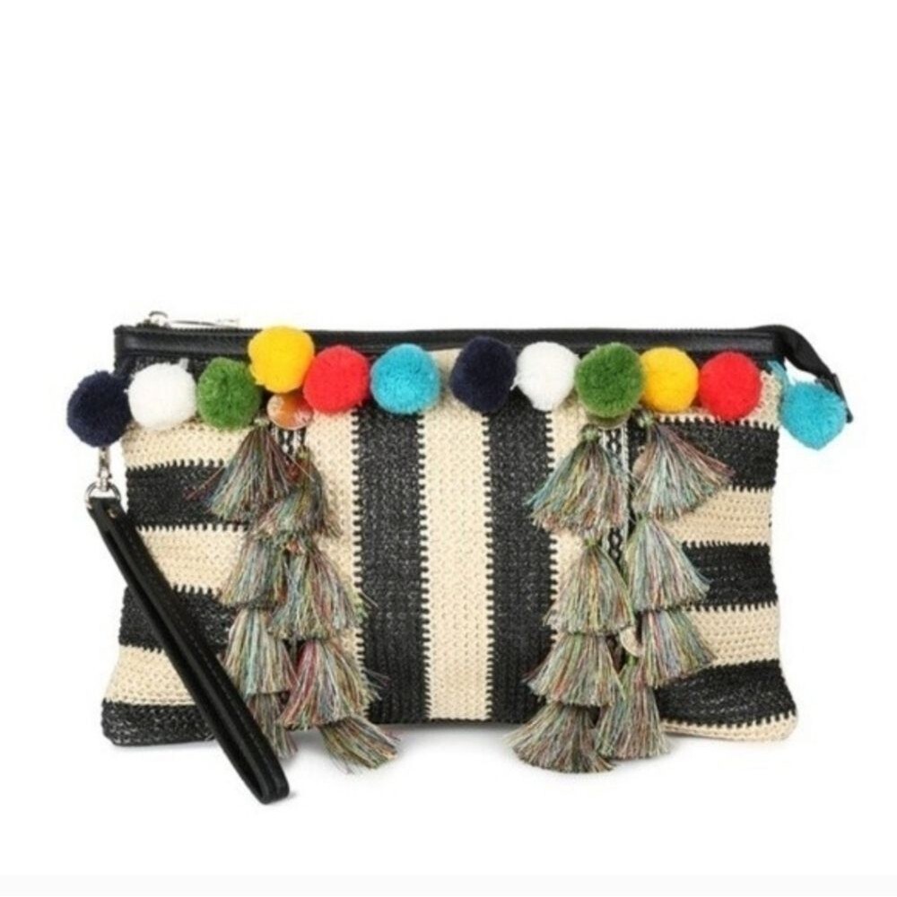 Aldo Boho Colorful Pom Pom Tassel Black Cream Striped Woven Wristlet Clutch Bag